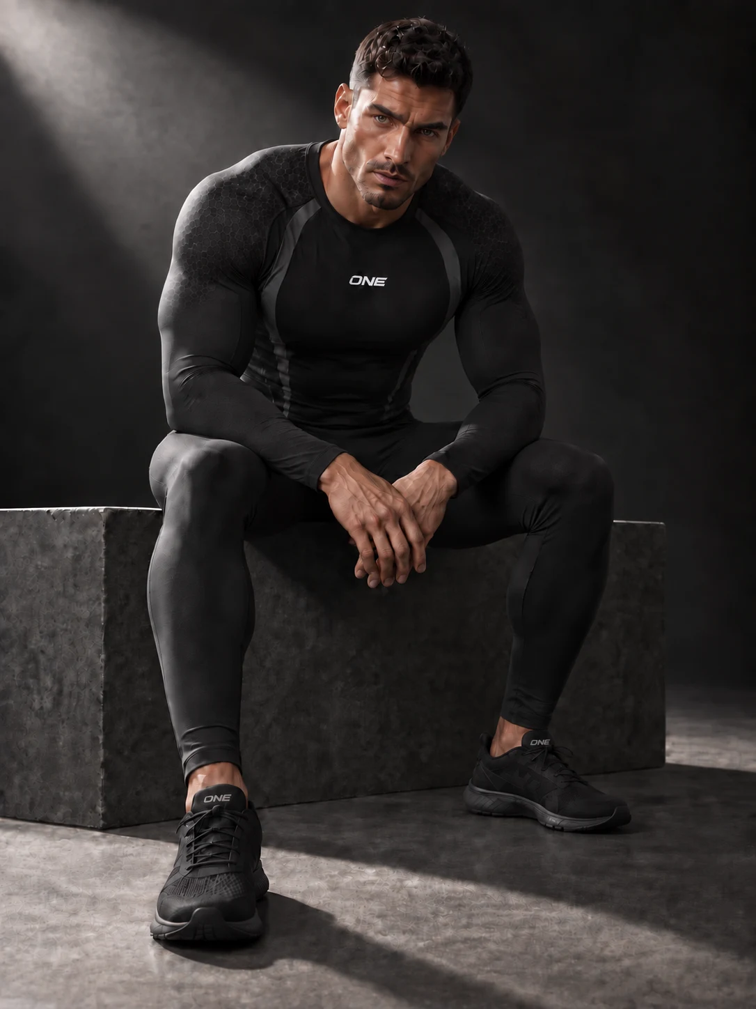 Athlete seated between sessions wearing the ONE long sleeve and compression tights